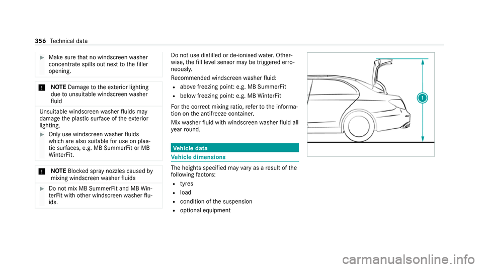 MERCEDES-BENZ CLS COUPE 2020  Owners Manual #
Make sure that no windsc reen washer
concentrate spills out next tothefiller
opening. *
NO
TEDama getotheex terior lighting
due tounsuitable windsc reen washer
fl uid Uns
uitable windsc reen washer 