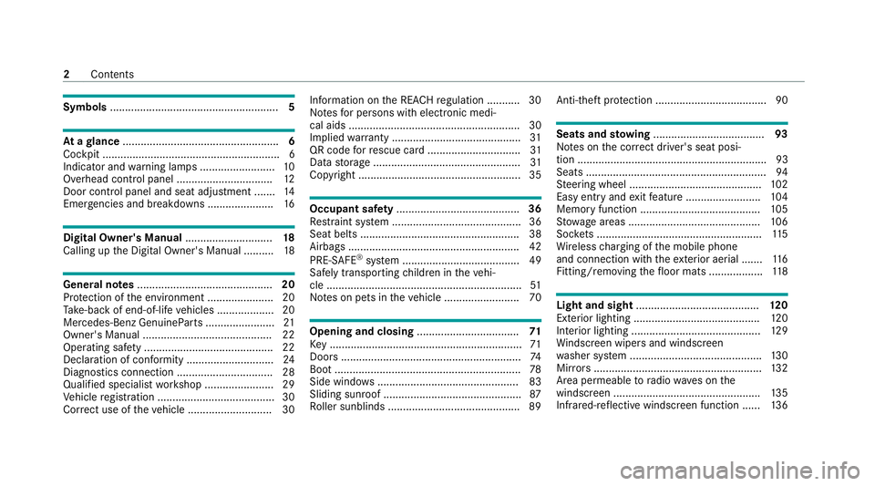 MERCEDES-BENZ CLS COUPE 2020  Owners Manual Symbols
........................................................ 5At
agl ance .................................................... 6
Cockpit ...........................................................