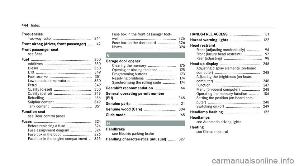 MERCEDES-BENZ CLS COUPE 2020 Owners Manual Fr
equencies
Tw o-w ayradio .....................................3 44
Fr ont airbag (driver, front passenger) .....42
Fr ont passenger seat
see Seat
Fu el ............................................. MERCEDES-BENZ CLS COUPE 2020 Owners Manual Fr
equencies
Tw o-w ayradio .....................................3 44
Fr ont airbag (driver, front passenger) .....42
Fr ont passenger seat
see Seat
Fu el .............................................