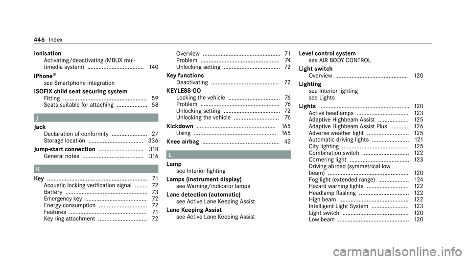 MERCEDES-BENZ CLS COUPE 2020  Owners Manual Ionisation
Activating/deactivating (MBUX mul‐
timedia sy stem) ................................... 14 0
iPhone ®
see Smartphone integ ration
ISOFIX child seat securing sy stem
Fitting .............