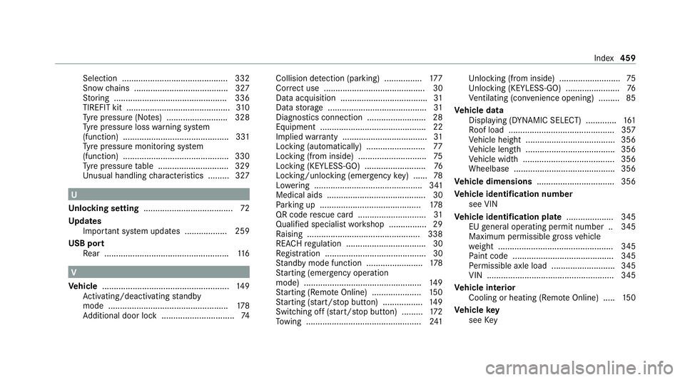 MERCEDES-BENZ CLS COUPE 2020  Owners Manual Selection ............................................. 332
Snow chains ........................................ 327
St oring ................................................ 336
TIREFIT kit .........