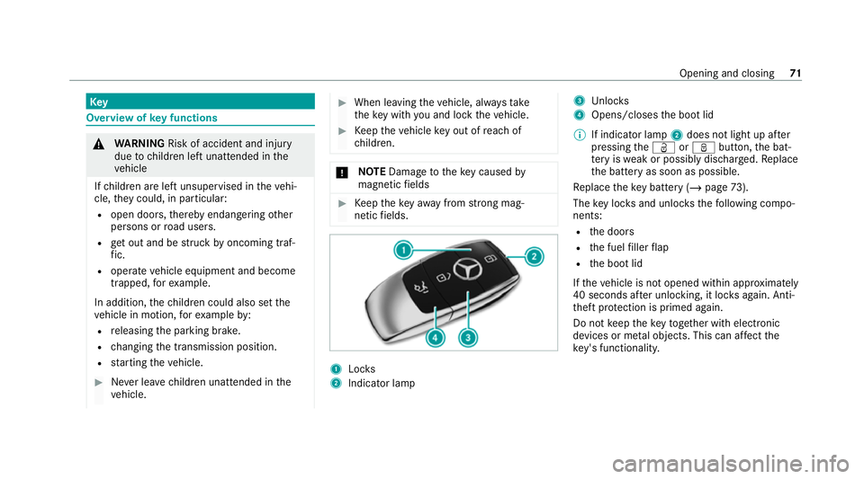 MERCEDES-BENZ CLS COUPE 2020  Owners Manual Key
Overview of
key functions &
WARNING Risk of accident and inju ry
due tochildren left unat tended in the
ve hicle
If ch ildren are left unsupervised in theve hi‐
cle, they could, in pa rticular:
