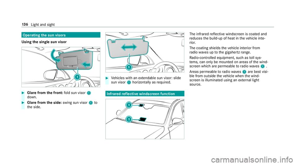 MERCEDES-BENZ CLS COUPE 2018  Owners Manual Operating
the sun visors
Using the single sun visor #
Glarefrom the front: fold sun visor 1
down. #
Glare from the side: swing sun visor 1to
th e side. #
Vehicles with an extendable sun visor: slide
s