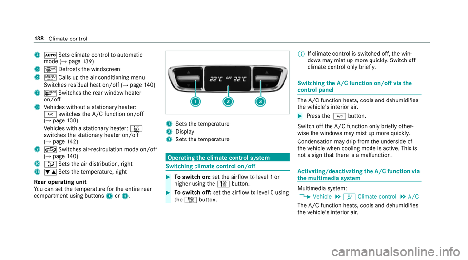 MERCEDES-BENZ CLS COUPE 2018  Owners Manual 4
Ã Sets climate control toautomatic
mode (→ page139)
5 ¬ Defrosts the windscreen
6 ! Calls up the air conditioning menu
Switches residual heat on/off (→ page140)
7 ¤ Switches there ar wind owh