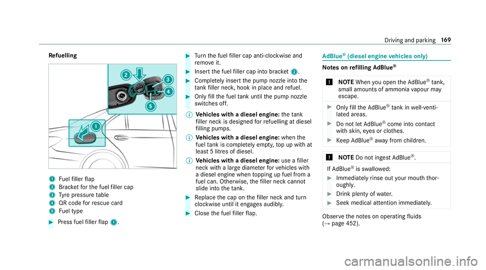 MERCEDES-BENZ CLS COUPE 2018  Owners Manual Re
fuelling 1
Fuelfiller flap
2 Brac ketfo rth e fuel filler cap
3 Tyre pressure table
4 QR code forre scue card
5 Fuel type #
Press fuel filler flap 1. #
Turn the fuel filler cap anti-clockwise and
r