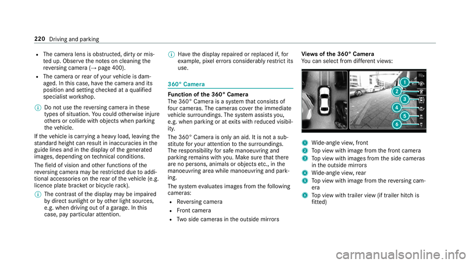 MERCEDES-BENZ CLS COUPE 2018 Owners Manual R
The camera lens is obstructed, dirty or mis‐
te d up. Obser vethe no tes on cleaning the
re ve rsing camera (→ page 400).
R The camera or rear of your vehicle is dam‐
aged. In this case, ha ve MERCEDES-BENZ CLS COUPE 2018 Owners Manual R
The camera lens is obstructed, dirty or mis‐
te d up. Obser vethe no tes on cleaning the
re ve rsing camera (→ page 400).
R The camera or rear of your vehicle is dam‐
aged. In this case, ha ve