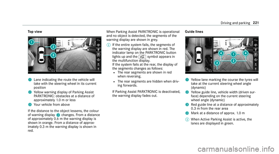 MERCEDES-BENZ CLS COUPE 2018 Owners Manual To
p view 1
Lane indicating thero ute theve hicle will
ta ke with thesteering wheel in its cur rent
position
2 Yellow warning display of Parking Assist
PA RKTRONIC: obstacles at a dis tance of
appr ox MERCEDES-BENZ CLS COUPE 2018 Owners Manual To
p view 1
Lane indicating thero ute theve hicle will
ta ke with thesteering wheel in its cur rent
position
2 Yellow warning display of Parking Assist
PA RKTRONIC: obstacles at a dis tance of
appr ox