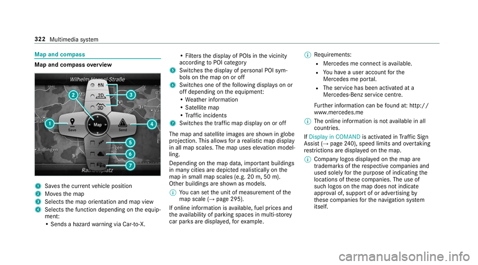 MERCEDES-BENZ CLS COUPE 2018  Owners Manual Map and compass
Map and compass
overview 1
Savesth e cur rent vehicle position
2 Movesth e map
3 Selects the map orientation and map view
4 Selects the function depending on the equip‐
ment:
• Sen