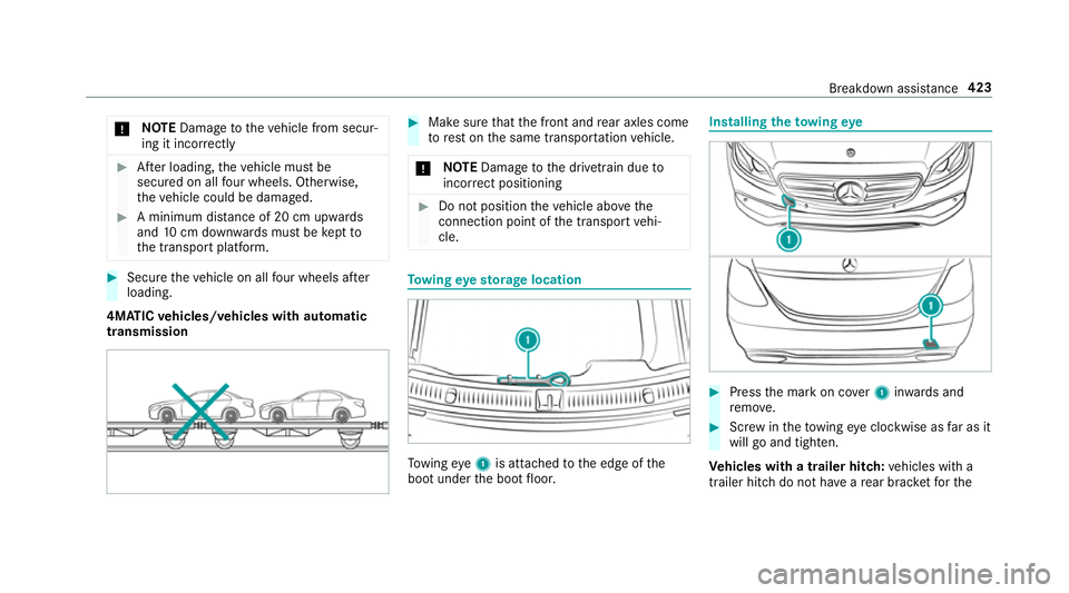 MERCEDES-BENZ CLS COUPE 2018 Owners Manual *
NO
TEDama getotheve hicle from secur‐
ing it incor rectly #
After loading, theve hicle must be
secured on all four wheels. Otherwise,
th eve hicle could be damaged. #
A minimum dis tance of 20 cm MERCEDES-BENZ CLS COUPE 2018 Owners Manual *
NO
TEDama getotheve hicle from secur‐
ing it incor rectly #
After loading, theve hicle must be
secured on all four wheels. Otherwise,
th eve hicle could be damaged. #
A minimum dis tance of 20 cm