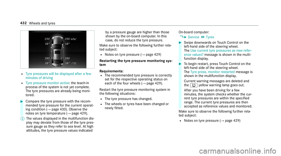 MERCEDES-BENZ CLS COUPE 2018  Owners Manual R
Tyre pressures will be displayed after a few
minutes of driving
R Tyre pressure monitor active: thete ach-in
process of the sy stem is not yet compl ete.
The tyre pressures are already being moni‐