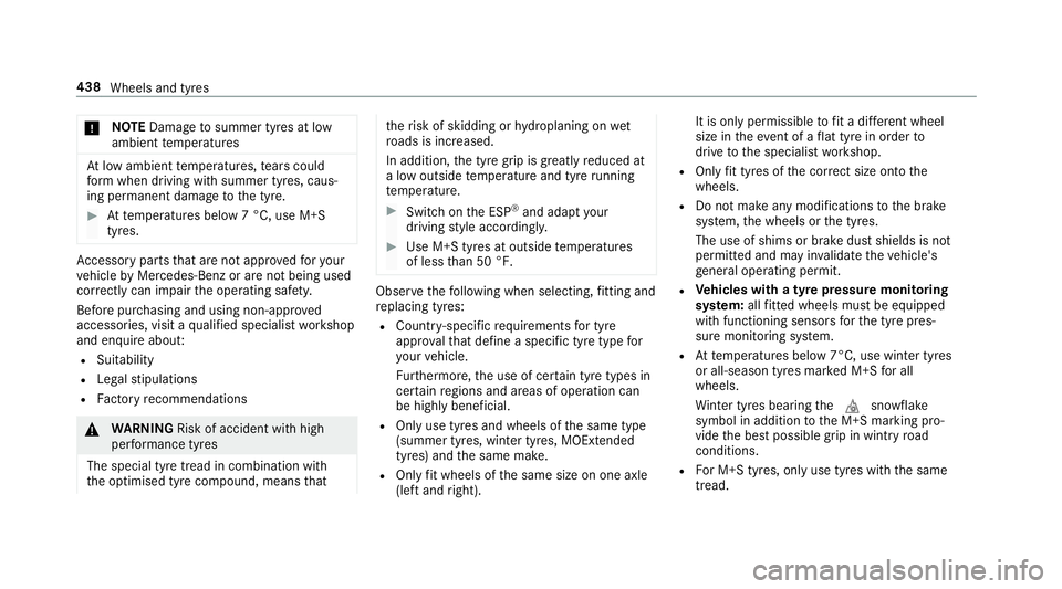 MERCEDES-BENZ CLS COUPE 2018 Owners Guide *
NO
TEDama getosummer tyres at low
ambient temp eratures At
low ambient temp eratures, tears could
fo rm when driving with summer tyres, caus‐
ing permanent damage tothe tyre. #
Attemp eratures bel