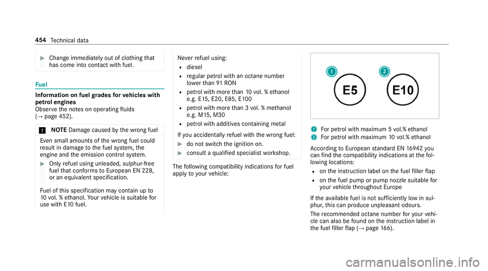 MERCEDES-BENZ CLS COUPE 2018 Owners Manual #
Chan geimmediately out of clo thing that
has come into con tact wi thfuel. Fu
el Information on fuel
grades forve hicles with
petrol engines
Obser vethe no tes on operating fluids
(→ page 452).
* MERCEDES-BENZ CLS COUPE 2018 Owners Manual #
Chan geimmediately out of clo thing that
has come into con tact wi thfuel. Fu
el Information on fuel
grades forve hicles with
petrol engines
Obser vethe no tes on operating fluids
(→ page 452).
*