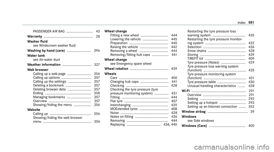 MERCEDES-BENZ CLS COUPE 2018  Owners Manual PA
SSENGER AIR BAG ............................ 43
Wa rranty .................................................... 28
Wa sher fluid
see Windsc reen washer fluid
Wa shing byhand (care) .................