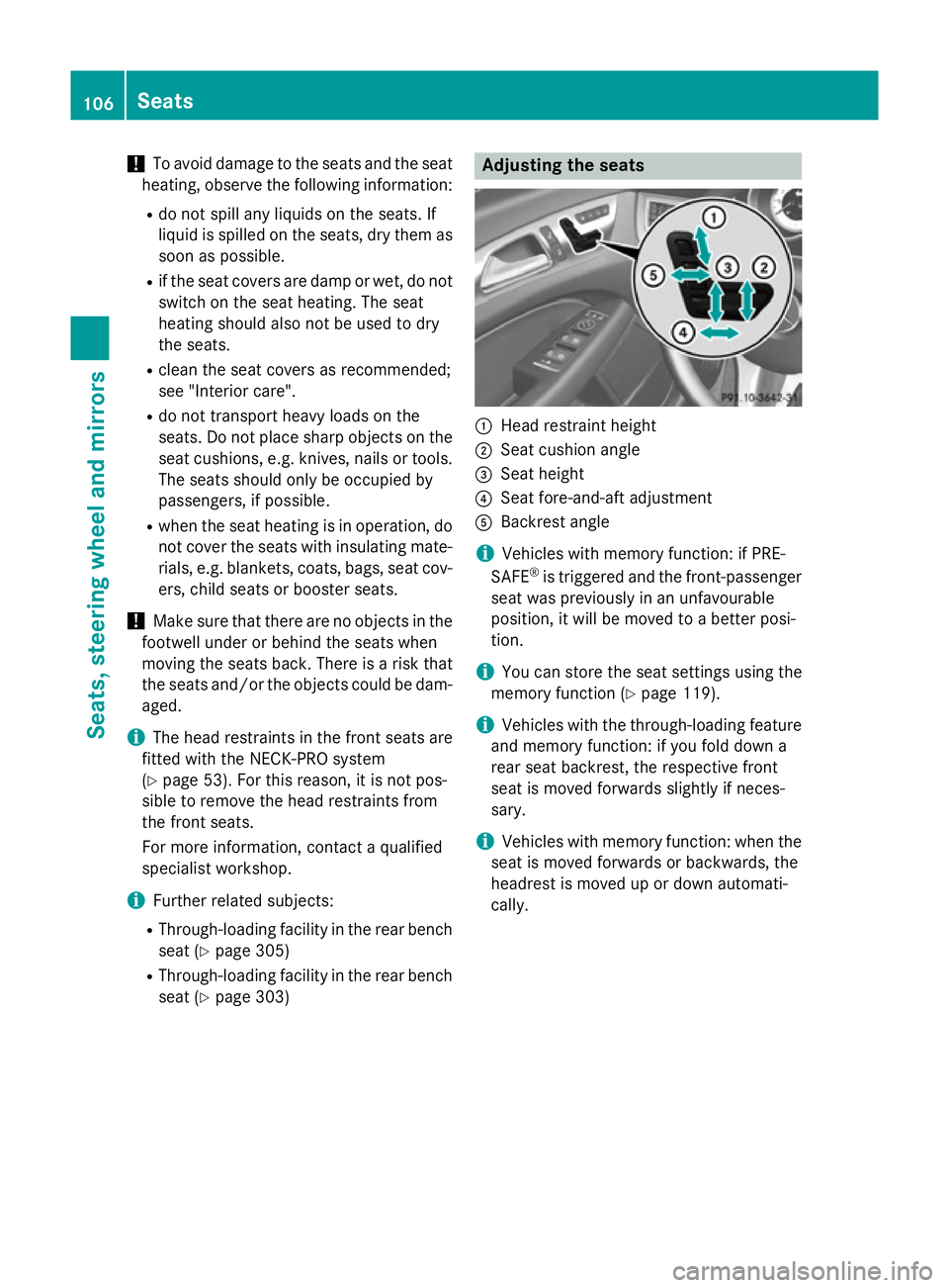 MERCEDES-BENZ CLS COUPE 2014 Owners Manual !
To avoid damage to the seats and the seat
heating, observe the following information:
R do not spill any liquids on the seats. If
liquid is spilled on the seats, dry them as soon as possible.
R if t MERCEDES-BENZ CLS COUPE 2014 Owners Manual !
To avoid damage to the seats and the seat
heating, observe the following information:
R do not spill any liquids on the seats. If
liquid is spilled on the seats, dry them as soon as possible.
R if t