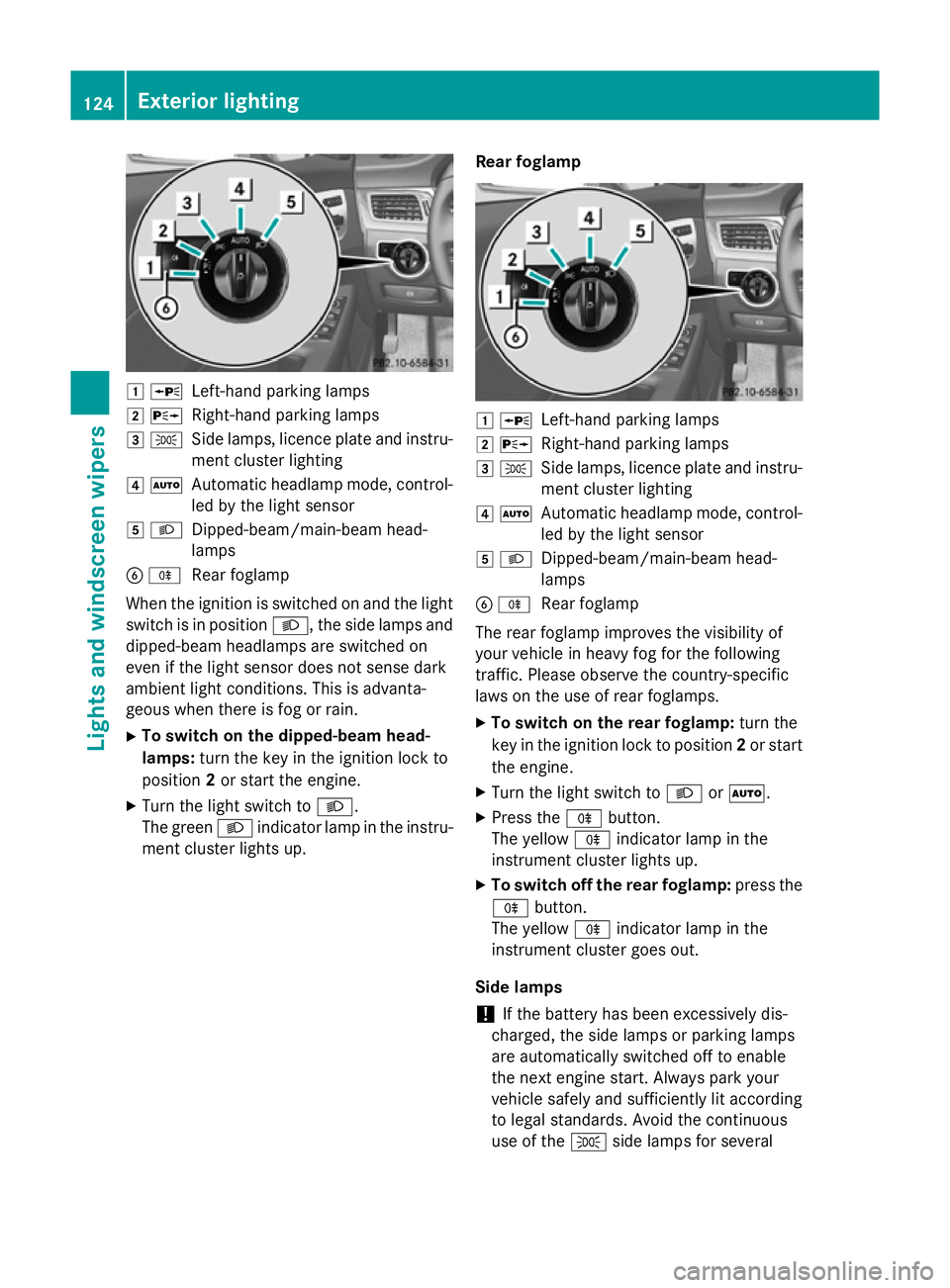 MERCEDES-BENZ CLS COUPE 2014 Owners Manual 1
W
Left-hand parking lamps
2 X
Right-hand parking lamps
3 T
Side lamps, licence plate and instru-
ment cluster lighting
4 Ã
Automatic headlamp mode, control-
led by the light sensor
5 L
Dipped-beam/ MERCEDES-BENZ CLS COUPE 2014 Owners Manual 1
W
Left-hand parking lamps
2 X
Right-hand parking lamps
3 T
Side lamps, licence plate and instru-
ment cluster lighting
4 Ã
Automatic headlamp mode, control-
led by the light sensor
5 L
Dipped-beam/