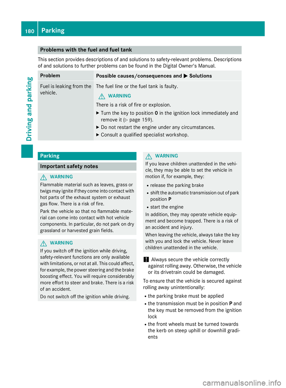 MERCEDES-BENZ CLS COUPE 2014 Owners Manual Problems with the fuel and fuel tank
This section provides descriptions of and solutions to safety-relevant problems. Descriptions
of and solutions to further problems can be found in the Digital Owne MERCEDES-BENZ CLS COUPE 2014 Owners Manual Problems with the fuel and fuel tank
This section provides descriptions of and solutions to safety-relevant problems. Descriptions
of and solutions to further problems can be found in the Digital Owne