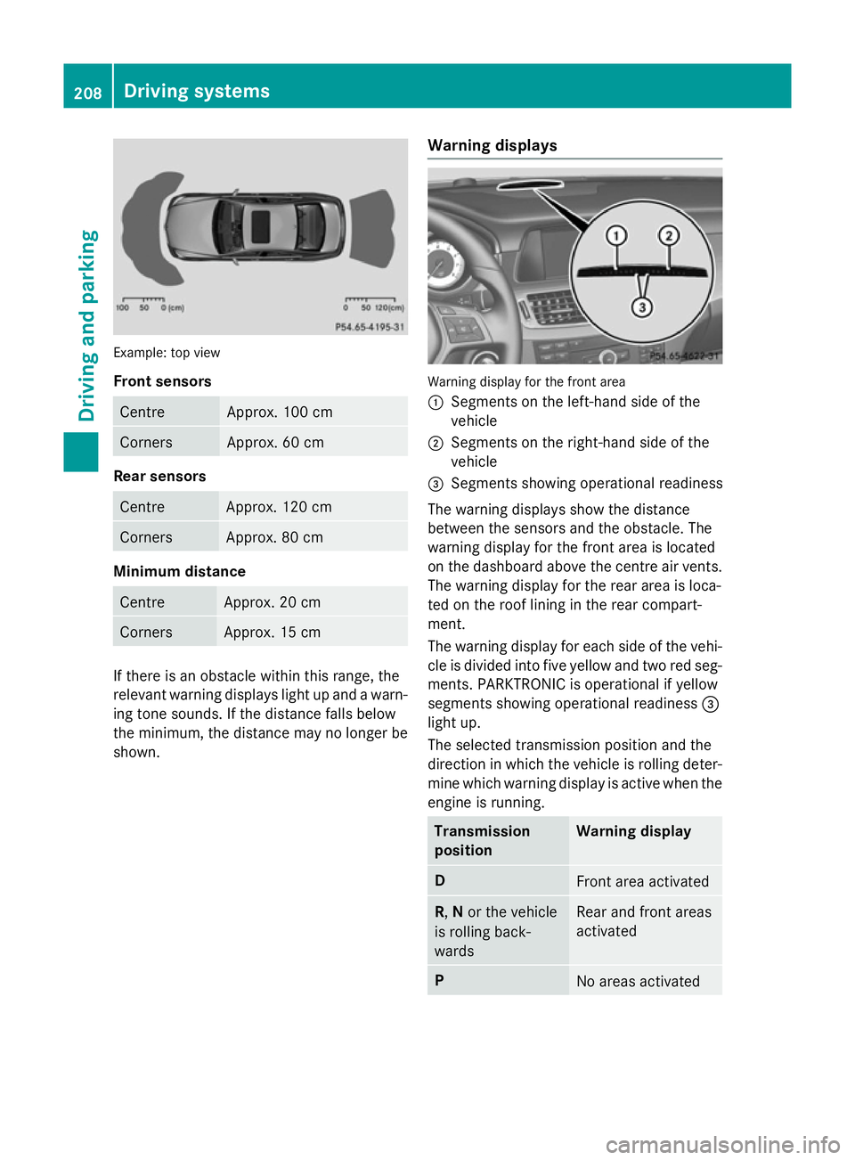 MERCEDES-BENZ CLS COUPE 2014 Owners Manual Example: top view
Front sensors
Centre Approx. 100 cm
Corners Approx. 60 cm
Rear sensors
Centre Approx. 120 cm
Corners Approx. 80 cm
Minimum distance
Centre Approx. 20 cm
Corners Approx. 15 cm
If ther MERCEDES-BENZ CLS COUPE 2014 Owners Manual Example: top view
Front sensors
Centre Approx. 100 cm
Corners Approx. 60 cm
Rear sensors
Centre Approx. 120 cm
Corners Approx. 80 cm
Minimum distance
Centre Approx. 20 cm
Corners Approx. 15 cm
If ther