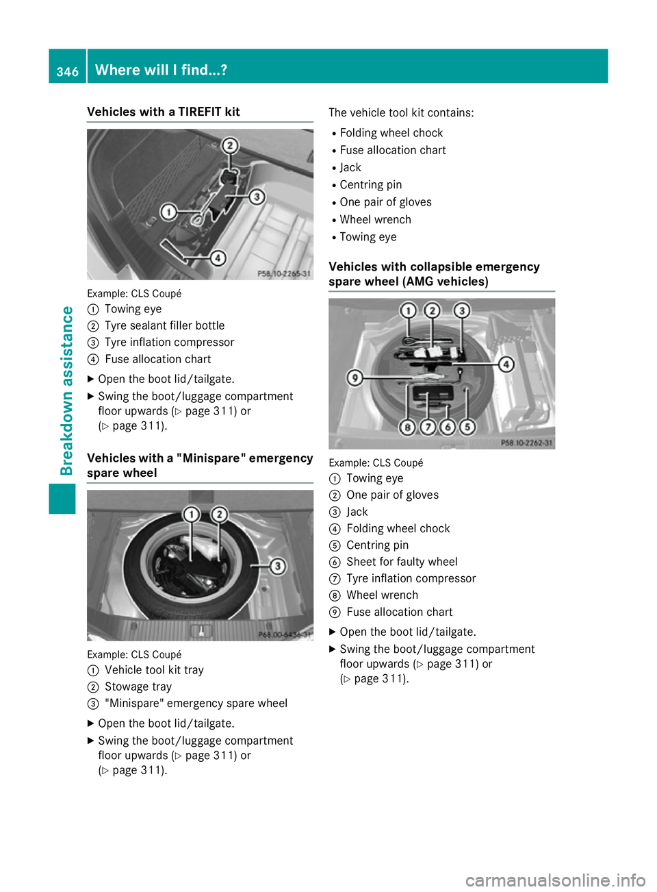 MERCEDES-BENZ CLS COUPE 2014 Owners Manual Vehicles with a TIREFIT kit
Example: CLS Coupé
:
Towing eye
; Tyre sealant filler bottle
= Tyre inflation compressor
? Fuse allocation chart
X Open the boot lid/tailgate.
X Swing the boot/luggage com MERCEDES-BENZ CLS COUPE 2014 Owners Manual Vehicles with a TIREFIT kit
Example: CLS Coupé
:
Towing eye
; Tyre sealant filler bottle
= Tyre inflation compressor
? Fuse allocation chart
X Open the boot lid/tailgate.
X Swing the boot/luggage com