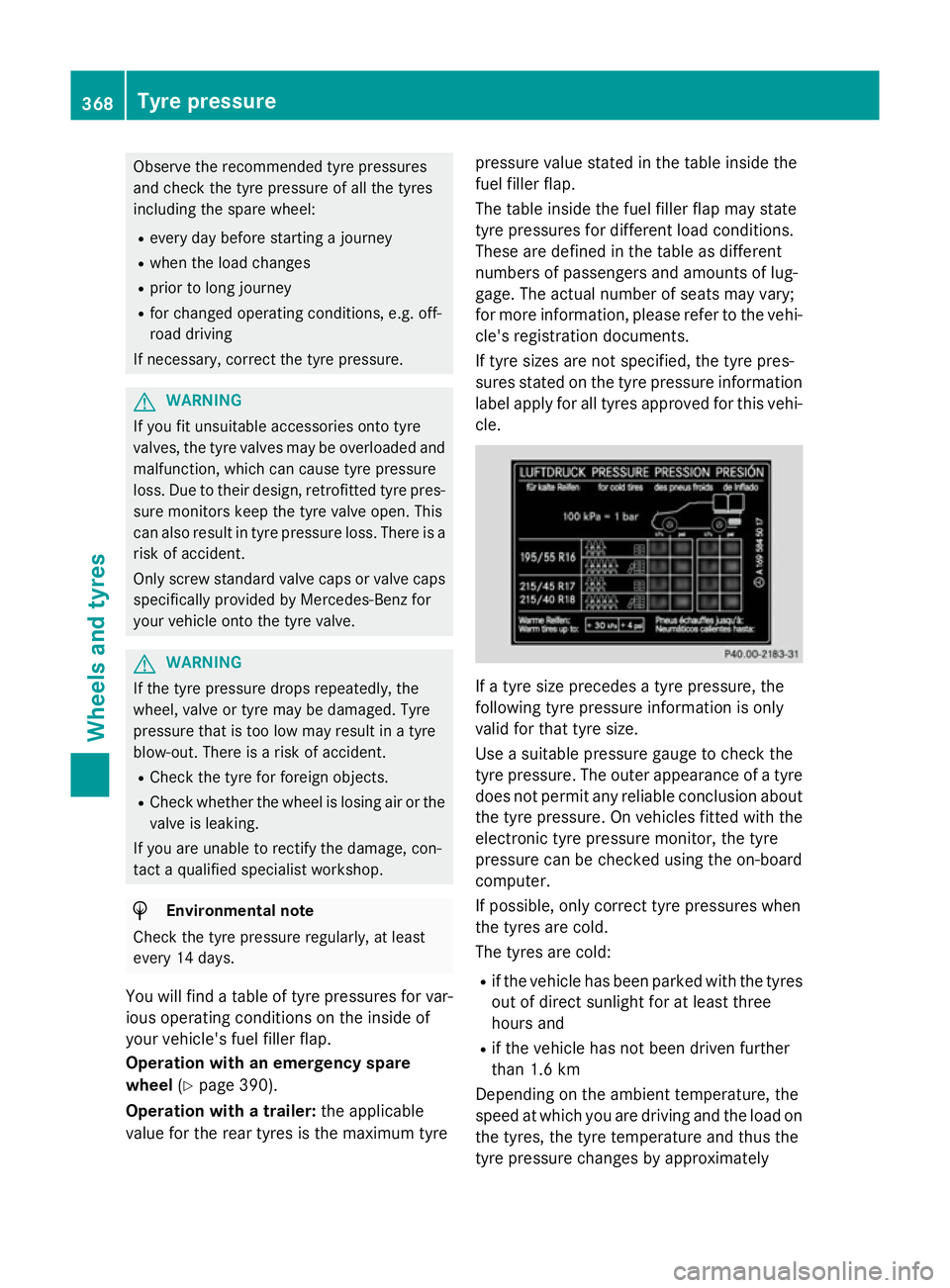 MERCEDES-BENZ CLS COUPE 2014 Owners Manual Observe the recommended tyre pressures
and check the tyre pressure of all the tyres
including the spare wheel:
R every day before starting a journey
R when the load changes
R prior to long journey
R f MERCEDES-BENZ CLS COUPE 2014 Owners Manual Observe the recommended tyre pressures
and check the tyre pressure of all the tyres
including the spare wheel:
R every day before starting a journey
R when the load changes
R prior to long journey
R f
