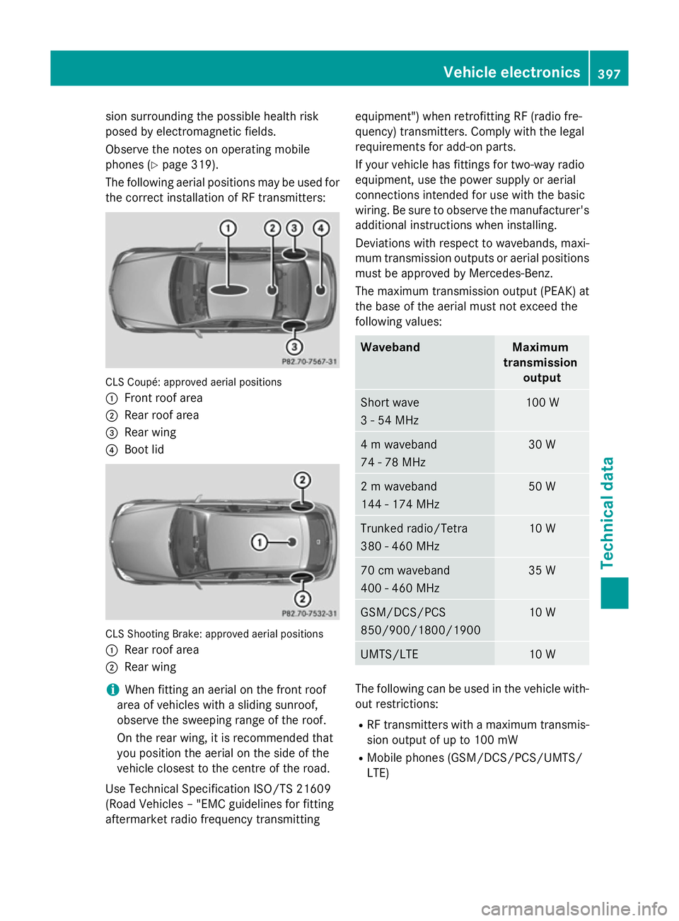 MERCEDES-BENZ CLS COUPE 2014 Owners Manual sion surrounding the possible health risk
posed by electromagnetic fields.
Observe the notes on operating mobile
phones (Y page 319).
The following aerial positions may be used for the correct install MERCEDES-BENZ CLS COUPE 2014 Owners Manual sion surrounding the possible health risk
posed by electromagnetic fields.
Observe the notes on operating mobile
phones (Y page 319).
The following aerial positions may be used for the correct install
