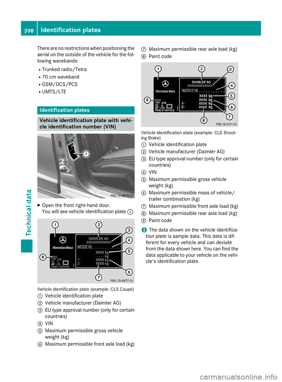 MERCEDES-BENZ CLS COUPE 2014 Owners Manual There are no restrictions when positioning the
aerial on the outside of the vehicle for the fol-
lowing wavebands:
R Trunked radio/Tetra
R 70 cm waveband
R GSM/DCS/PCS
R UMTS/LTE Identification plates MERCEDES-BENZ CLS COUPE 2014 Owners Manual There are no restrictions when positioning the
aerial on the outside of the vehicle for the fol-
lowing wavebands:
R Trunked radio/Tetra
R 70 cm waveband
R GSM/DCS/PCS
R UMTS/LTE Identification plates