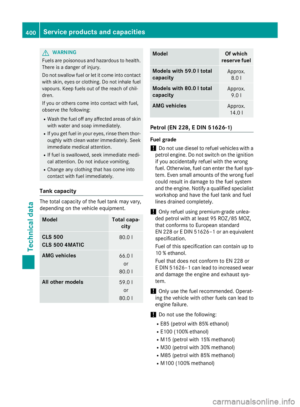 MERCEDES-BENZ CLS COUPE 2014 Owners Manual G
WARNING
Fuels are poisonous and hazardous to health. There is a danger of injury.
Do not swallow fuel or let it come into contact
with skin, eyes or clothing. Do not inhale fuel
vapours. Keep fuels MERCEDES-BENZ CLS COUPE 2014 Owners Manual G
WARNING
Fuels are poisonous and hazardous to health. There is a danger of injury.
Do not swallow fuel or let it come into contact
with skin, eyes or clothing. Do not inhale fuel
vapours. Keep fuels