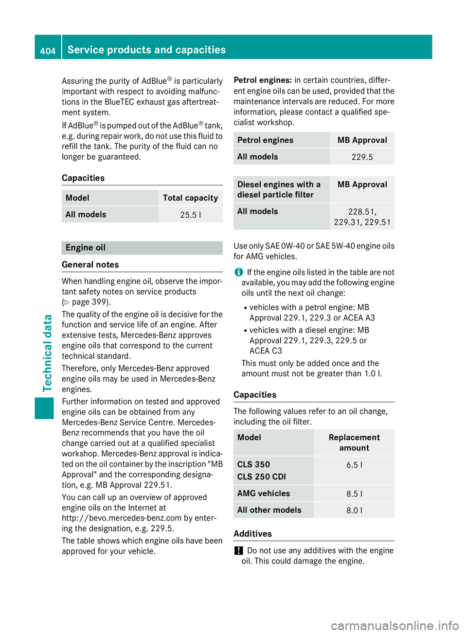 MERCEDES-BENZ CLS COUPE 2014 Owners Manual Assuring the purity of AdBlue
®
is particularly
important with respect to avoiding malfunc-
tions in the BlueTEC exhaust gas aftertreat-
ment system.
If AdBlue ®
is pumped out of the AdBlue ®
tank, MERCEDES-BENZ CLS COUPE 2014 Owners Manual Assuring the purity of AdBlue
®
is particularly
important with respect to avoiding malfunc-
tions in the BlueTEC exhaust gas aftertreat-
ment system.
If AdBlue ®
is pumped out of the AdBlue ®
tank,