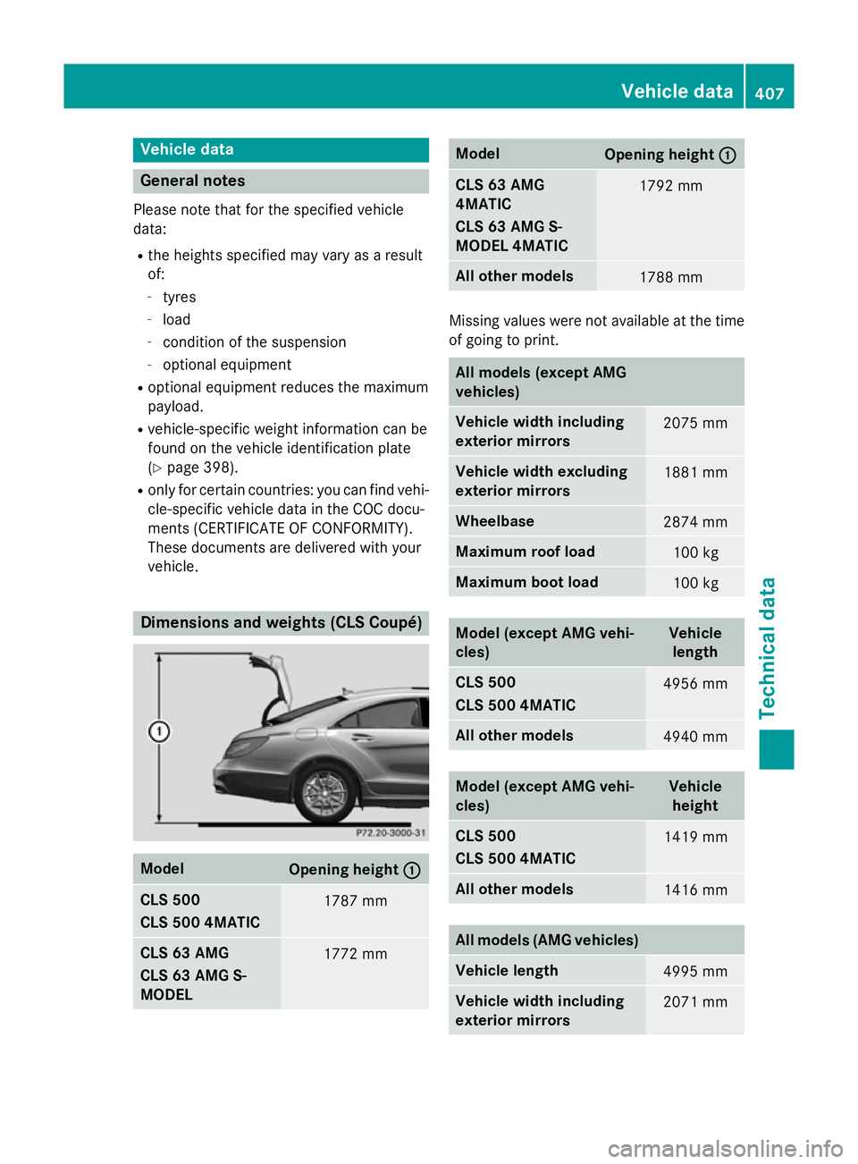 MERCEDES-BENZ CLS COUPE 2014 Owners Manual Vehicle data
General notes
Please note that for the specified vehicle
data:
R the heights specified may vary as a result
of:
- tyres
- load
- condition of the suspension
- optional equipment
R optiona MERCEDES-BENZ CLS COUPE 2014 Owners Manual Vehicle data
General notes
Please note that for the specified vehicle
data:
R the heights specified may vary as a result
of:
- tyres
- load
- condition of the suspension
- optional equipment
R optiona