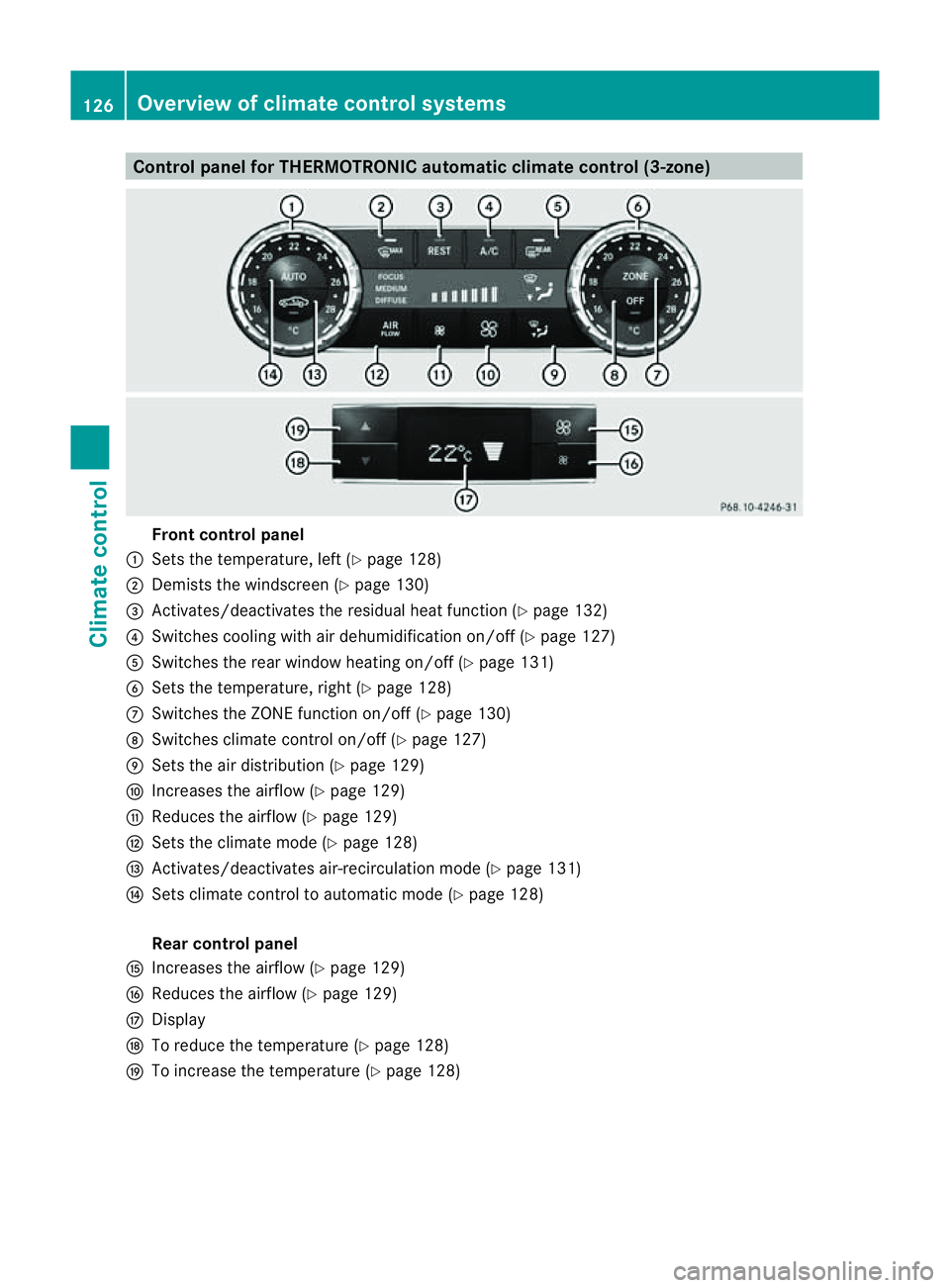 MERCEDES-BENZ CLS COUPE 2012 Owners Manual Control panel for THERMOTRONIC automatic climat
econtrol (3-zone) Fron
tcontrol panel
: Setsthe temperature, left (Y page 128)
; Demist sthe windscreen (Y page 130)
= Activates/deactivates th eresidua MERCEDES-BENZ CLS COUPE 2012 Owners Manual Control panel for THERMOTRONIC automatic climat
econtrol (3-zone) Fron
tcontrol panel
: Setsthe temperature, left (Y page 128)
; Demist sthe windscreen (Y page 130)
= Activates/deactivates th eresidua