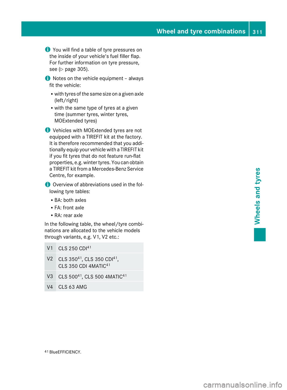MERCEDES-BENZ CLS COUPE 2011  Owners Manual i
You will find a table of tyre pressures on
the inside of your vehicle's fuel filler flap.
For further information on tyre pressure,
see (Y page 305).
i Notes on the vehicle equipmen t–always
f