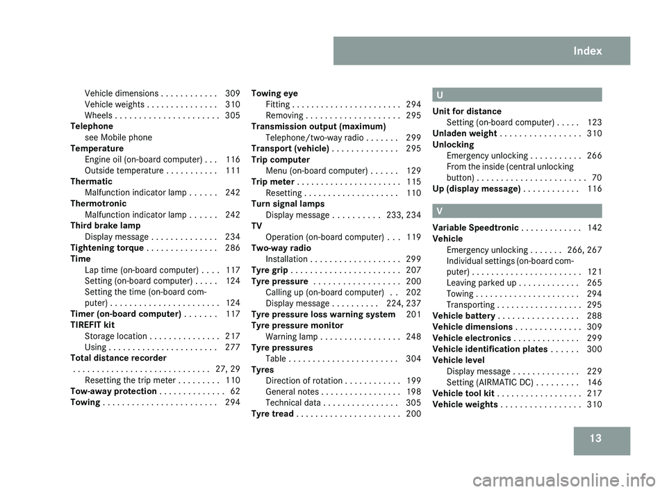 MERCEDES-BENZ CLS COUPE 2008  Owners Manual 13
Vehicle dimensions 
. . . . . . . . . . . . 309
Vehicle weights . . . . . . . . . . . . . . . 310
Wheels . . . . . . . . . . . . . . . . . . . . . . 305
Telephone
see Mobile phone                  