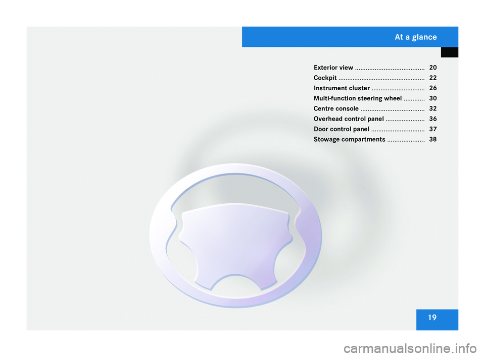 MERCEDES-BENZ CLS COUPE 2008  Owners Manual 19
Exterior view 
....................................... 20
Cockpit  ................................................. 22
Instrument cluster  ..............................26
Multi-function steering 
