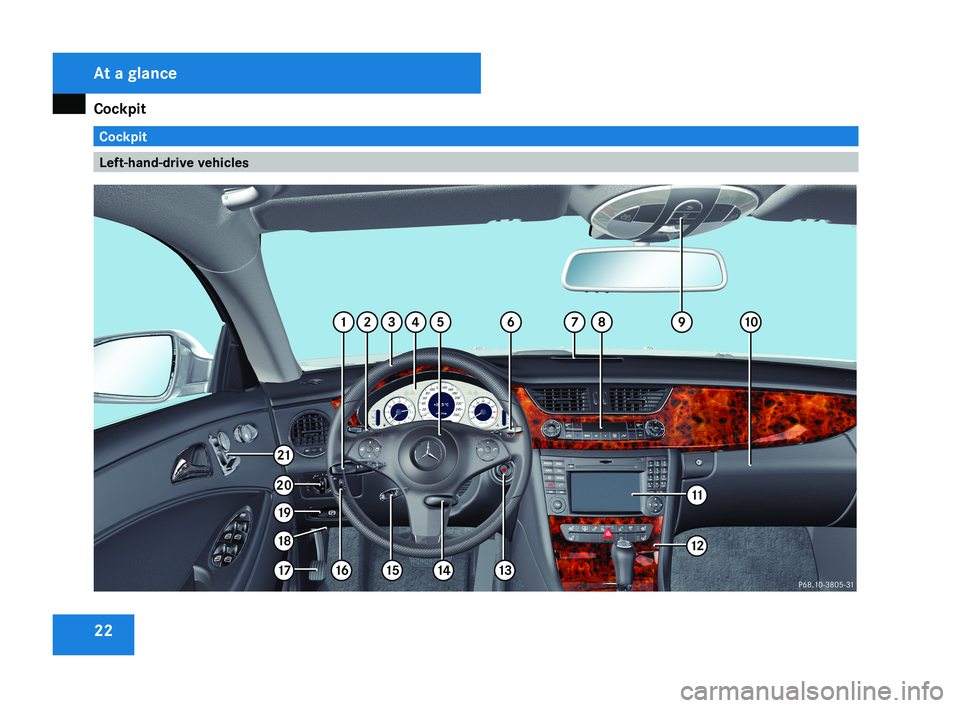 MERCEDES-BENZ CLS COUPE 2008 Owners Manual Cockpit
22 Cockpit
Left-hand-drive vehiclesAt a glance
219_AKB; 2; 4, en-GB
mkalafa,
2007-11-13T09:28:36+01:00 - Seite 22   