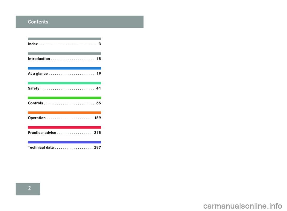 MERCEDES-BENZ CLS COUPE 2008  Owners Manual 2Index
 . . . . . . . . . . . . . . . . . . . . . . . . . . . . 3Introduction 

. . . . . . . . . . . . . . . . . . . . . 15At a glance
 
 . . . . . . . . . . . . . . . . . . . . . . 19Safety 
. . . .