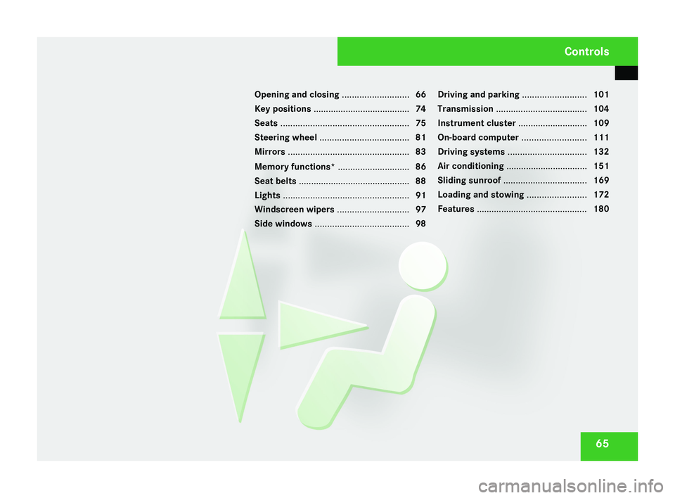 MERCEDES-BENZ CLS COUPE 2008  Owners Manual 65
Opening and closing 
...........................66
Key positions  ....................................... 74
Seats .................................................... 75
Steering wheel  ..........