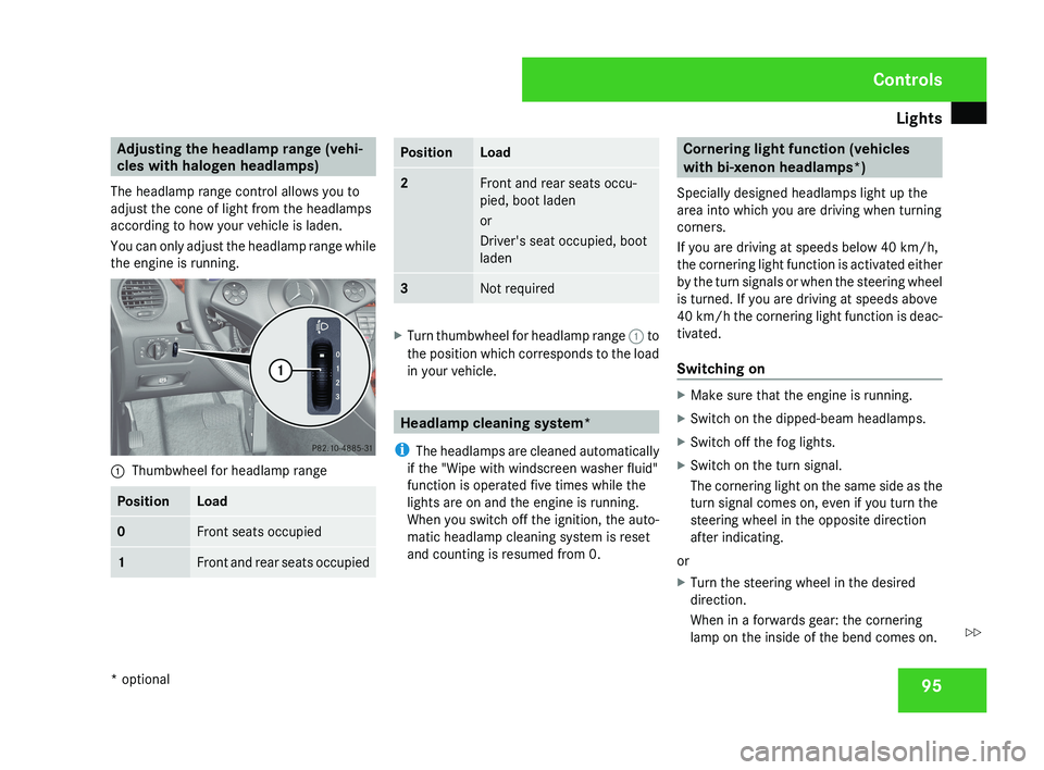 MERCEDES-BENZ CLS COUPE 2008  Owners Manual Lights
95Adjusting the headlamp range (vehi-
cles with halogen headlamps)
The headlamp range control allows you to
adjust the cone of light from the headlamps
according to how your vehicle is laden.
Y