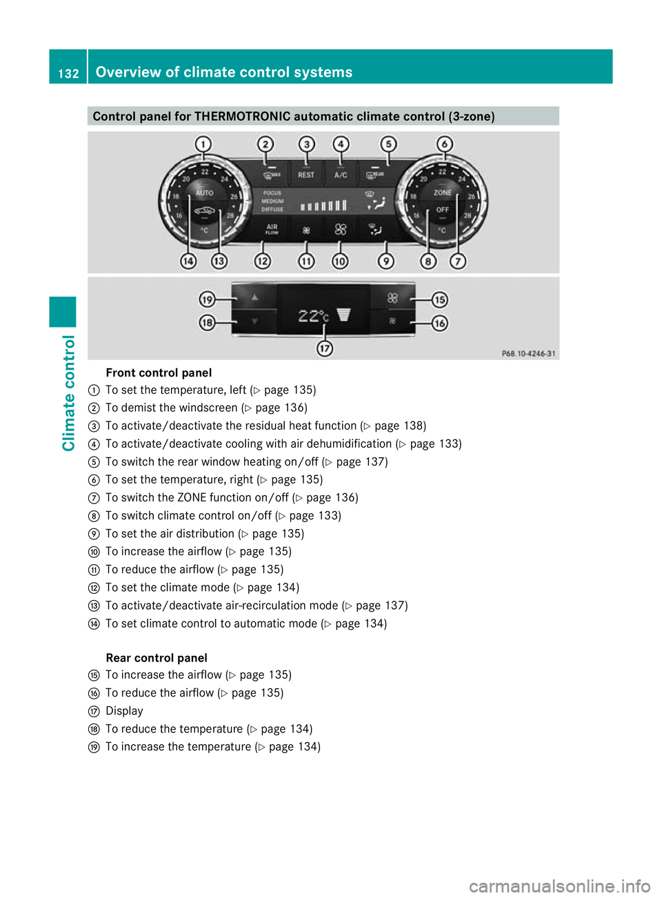 MERCEDES-BENZ CLS SHOOTING BRAKE 2012  Owners Manual Control panel for THERMOTRONIC automatic climate control (3-zone)
Fron
tcontrol panel
: To set the temperature, left (Y page 135)
; To demis tthe windscreen (Y page 136)
= To activate/deactivate the r