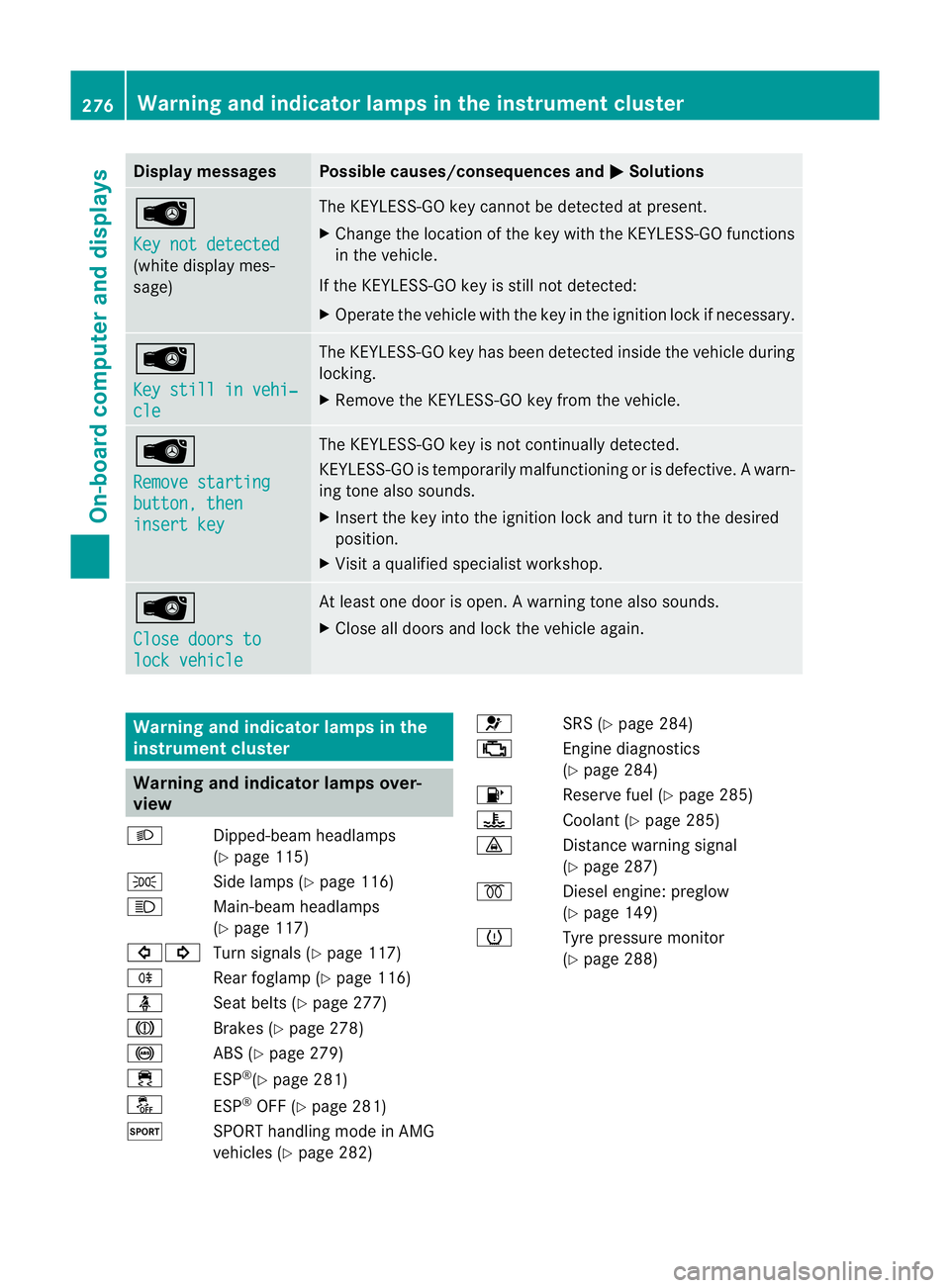 MERCEDES-BENZ CLS SHOOTING BRAKE 2012  Owners Manual Display messages Possible causes/consequences and
M Solutions
Â
Key not detected
(white display mes-
sage) The KEYLESS-GO key cannot be detected at present.
X
Change the location of th ekey with the 