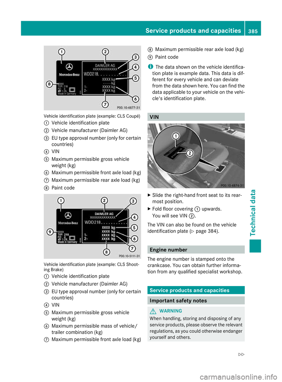 MERCEDES-BENZ CLS SHOOTING BRAKE 2012  Owners Manual Vehicle identification plate (example:C
LS Coupé)
: Vehicle identification plate
; Vehicle manufacturer (Daimler AG)
= EU type approval number (only for certain
countries)
? VIN
A Maximu mpermissible