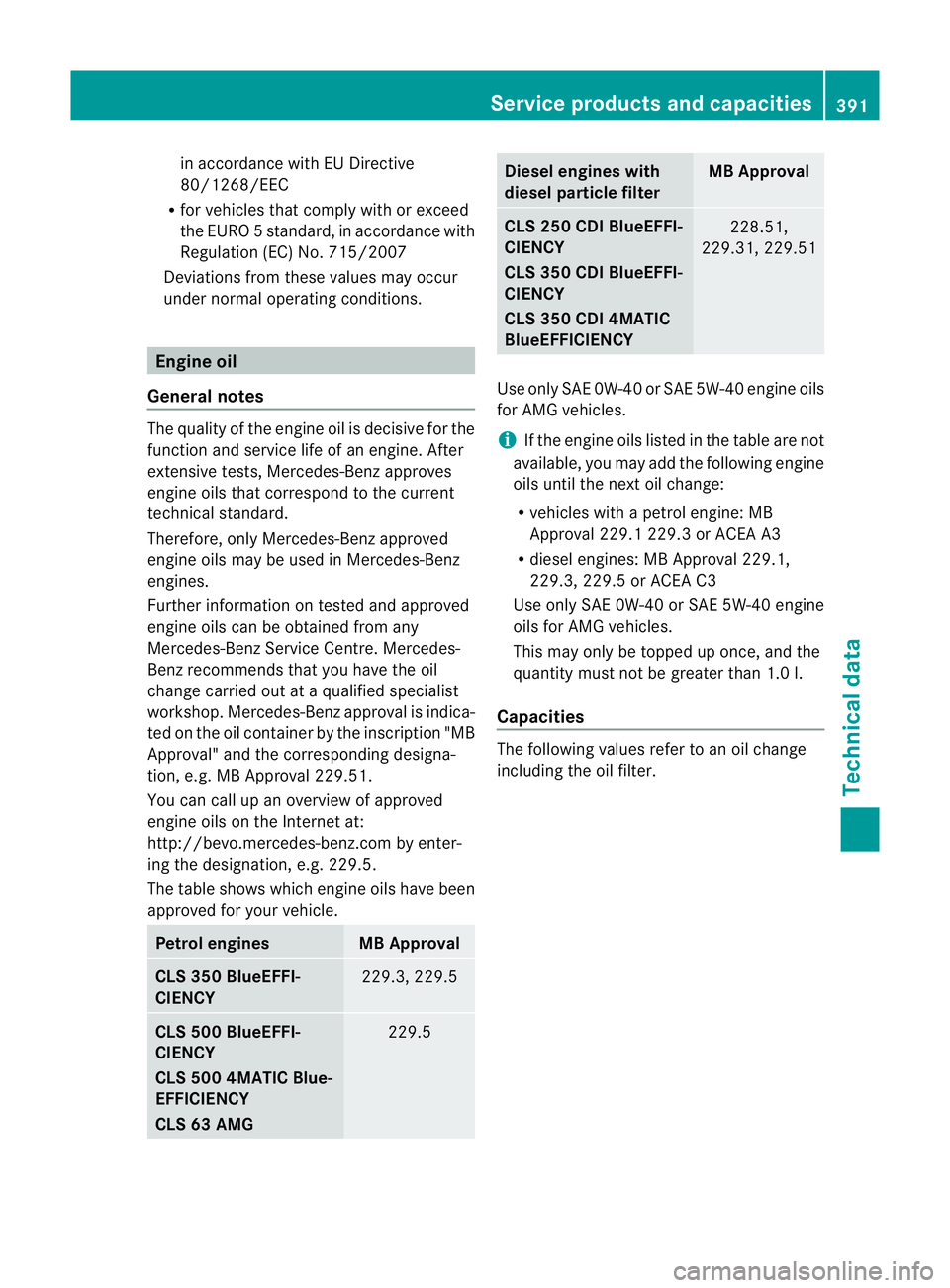 MERCEDES-BENZ CLS SHOOTING BRAKE 2012  Owners Manual in accordance with EU Directive
80/1268/EEC
R for vehicles that comply with or exceed
the EURO 5standard, in accordance with
Regulation (EC )No. 715/2007
Deviations from these values may occur
under n