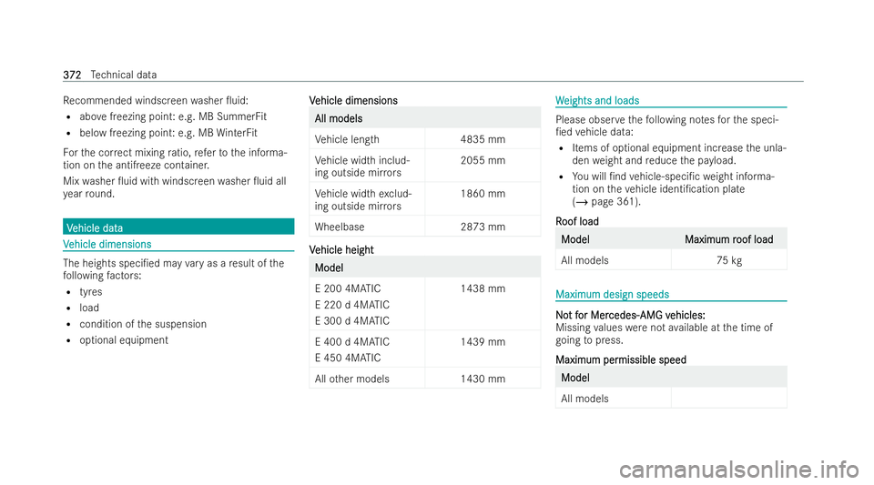 MERCEDES-BENZ E-CLASS COUPE 2022  Owners Manual Re
commended windscreen washer 0uid:
R abo vefreezing point: e.g. MB SummerFit
R below freezing point: e.g. MB WinterFit
Fo rth e cor rect mixing ratio, referto the informa-
tion on the antifreeze co