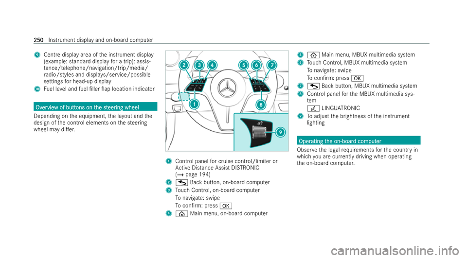 MERCEDES-BENZ E-CLASS COUPE 2021  Owners Manual 9
Centre display area of the inst rument display
(e xamp le: standard display for a trip): assis-
ta nce/telephone/navigation/trip/media/
ra dio/styles and displa ys/service/possible
settings for head