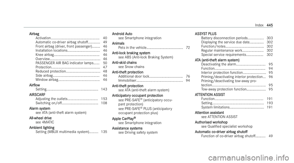 MERCEDES-BENZ E-CLASS COUPE 2021  Owners Manual Airbag
Airbag
Activation................................................ 40
Au tomatic co-driver airbag shuto............ .49
Fr ont airbag (driver, front passenger)........ 46
Installation locations