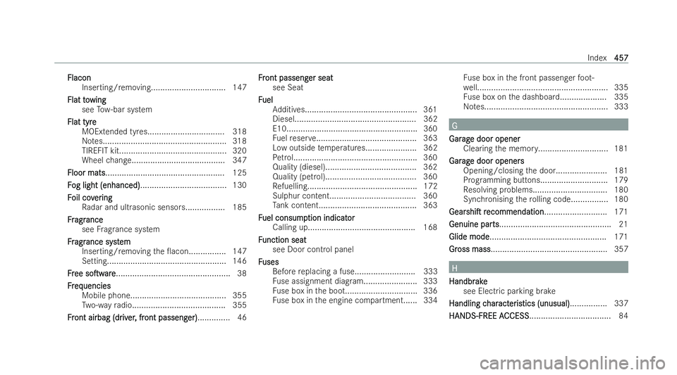 MERCEDES-BENZ E-CLASS COUPE 2021  Owners Manual Flacon
Flacon
Inserting/re moving................................ 147
Flat to
Flat towing
wing
see Tow- bar system
Flat tyre
Flat tyre MOExtended tyres................................. 318
No tes.....
