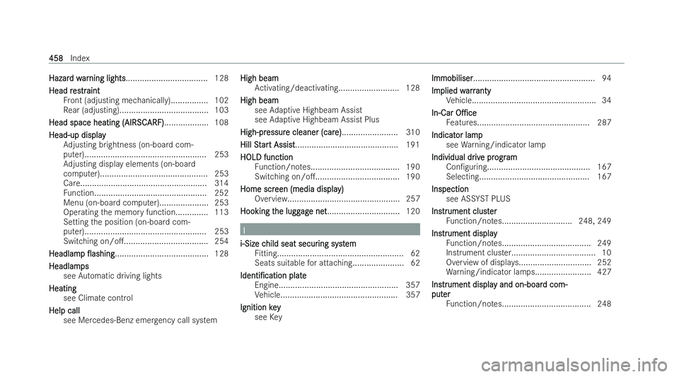 MERCEDES-BENZ E-CLASS COUPE 2021 Service Manual Hazar
Hazar
d w
d w ar
arning lights
ning lights................................... 128
Head r
Head r es
estrtraint
aint
Fr ont (adjusting mechanically)................ 102
Re ar (adjusting)..........