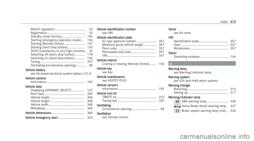 MERCEDES-BENZ E-CLASS COUPE 2021 Workshop Manual REA
CHregulation.................................... 33
Re gistration............................................. 33
St andby mode function.......................... 184
St arting (emer gency ope rat