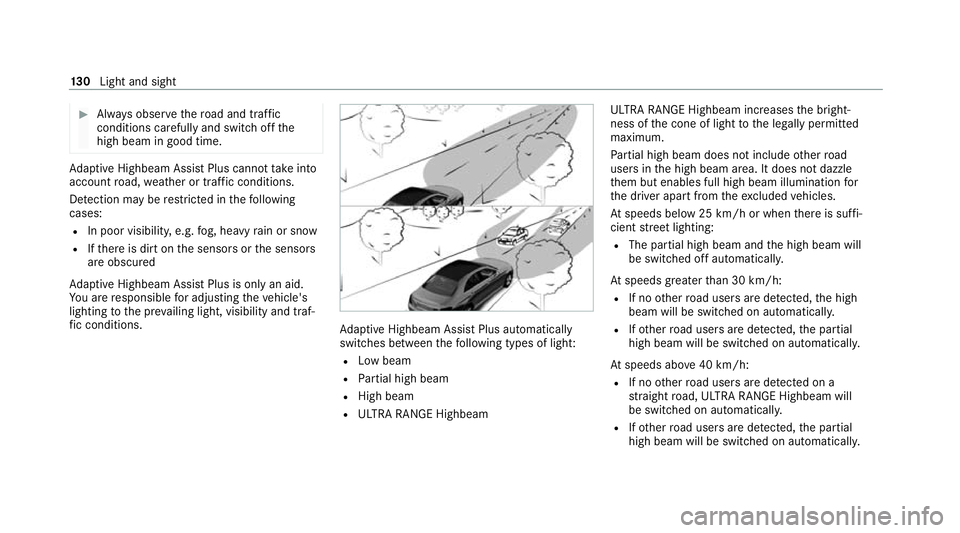 MERCEDES-BENZ E-CLASS COUPE 2020  Owners Manual #
Alw ays obser vethero ad and traf fic
conditions carefully and switch off the
high beam in good time. Ad
aptive Highbeam Assist Plus cannot take into
account road, weather or traf fic conditions.
De