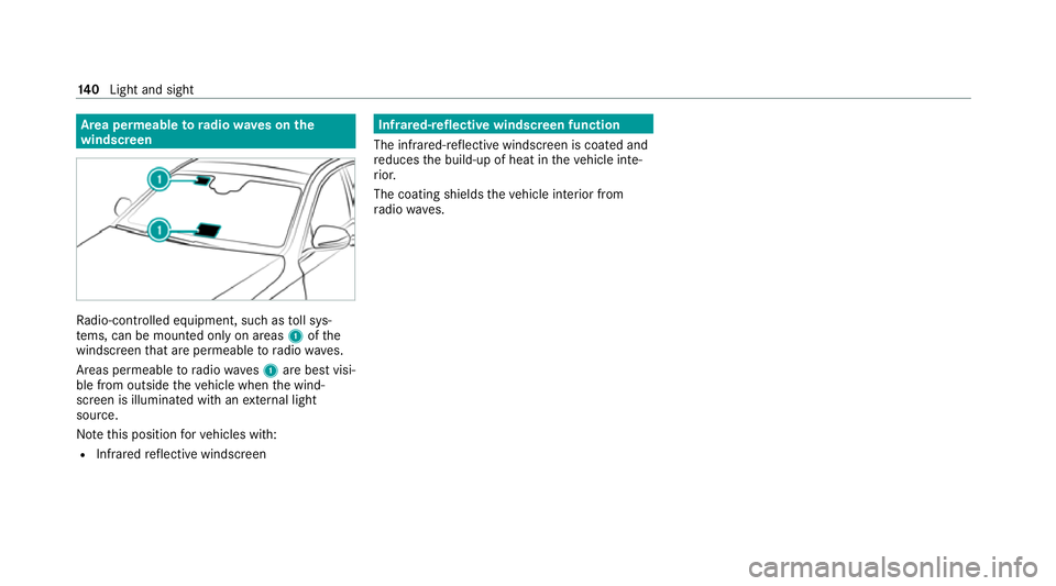 MERCEDES-BENZ E-CLASS COUPE 2020 Owners Manual Area permeable
to radiowav es on the
windscreen Ra
dio-contro lled equipment, such as toll sys‐
te ms, can be mounted only on areas 1ofthe
windscreen that are permeable toradio wav es.
Areas permeab MERCEDES-BENZ E-CLASS COUPE 2020 Owners Manual Area permeable
to radiowav es on the
windscreen Ra
dio-contro lled equipment, such as toll sys‐
te ms, can be mounted only on areas 1ofthe
windscreen that are permeable toradio wav es.
Areas permeab