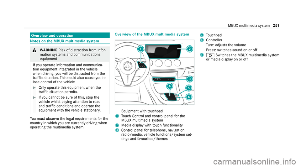 MERCEDES-BENZ E-CLASS COUPE 2020  Owners Manual Overview and operation
Note
s onthe MBUX multimedia sy stem &
WARNING Risk of di stra ction from infor‐
mation sy stems and communications
equipment
If yo u operate information and communica‐
tion