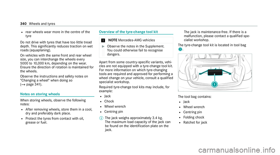MERCEDES-BENZ E-CLASS COUPE 2020  Owners Manual R
rear wheels wear more in the cent reofthe
tyre
Do not drive wi thtyres that ha vetoo little tread
dep th. This significantly reduces traction on wet
ro ads (aquaplaning).
On vehicles with the same f